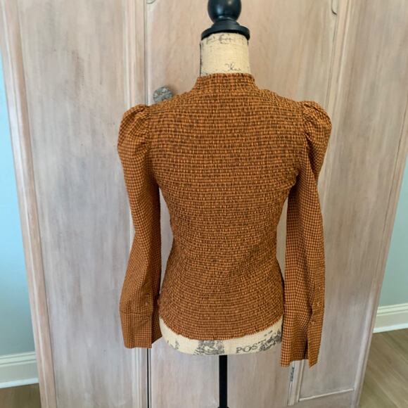 Scotch & Soda Smocked High Neck Top brown check gingham puff sleeve blouse FallS - Picture 13 of 15